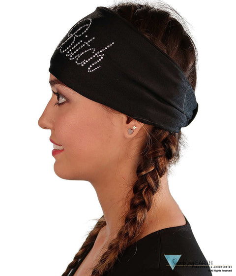 Embellished Reversible Stretch Headband – Stylish Comfortable & USA-Made - Black Headband with Silver Fancy Crazy Bitch