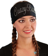 Embellished Reversible Stretch Headband – Stylish, Comfortable & USA-Made -  Black Headband with Silver Fancy Crazy Bitch Rhinestud Design - Stretch Headbands - Sparkling EARTH