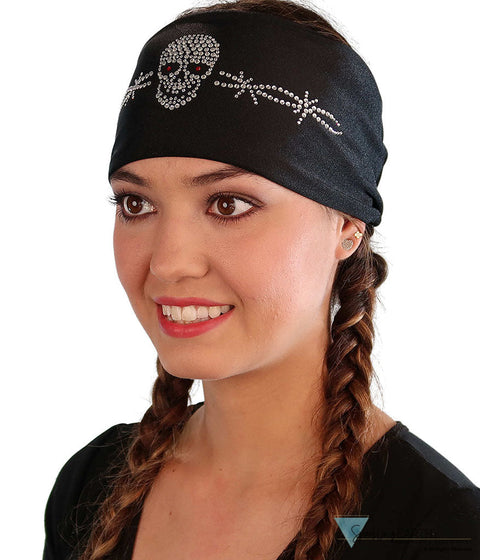 Embellished Reversible Stretch Headband – Stylish Comfortable & USA-Made - Black Headband with Skull and Barbed Wire