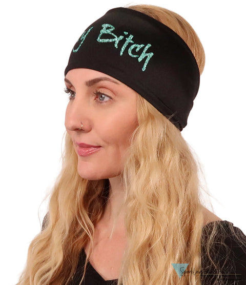 Embellished Reversible Stretch Headband – Stylish Comfortable & USA-Made - Teal Crazy Bitch Glitter Design on Black