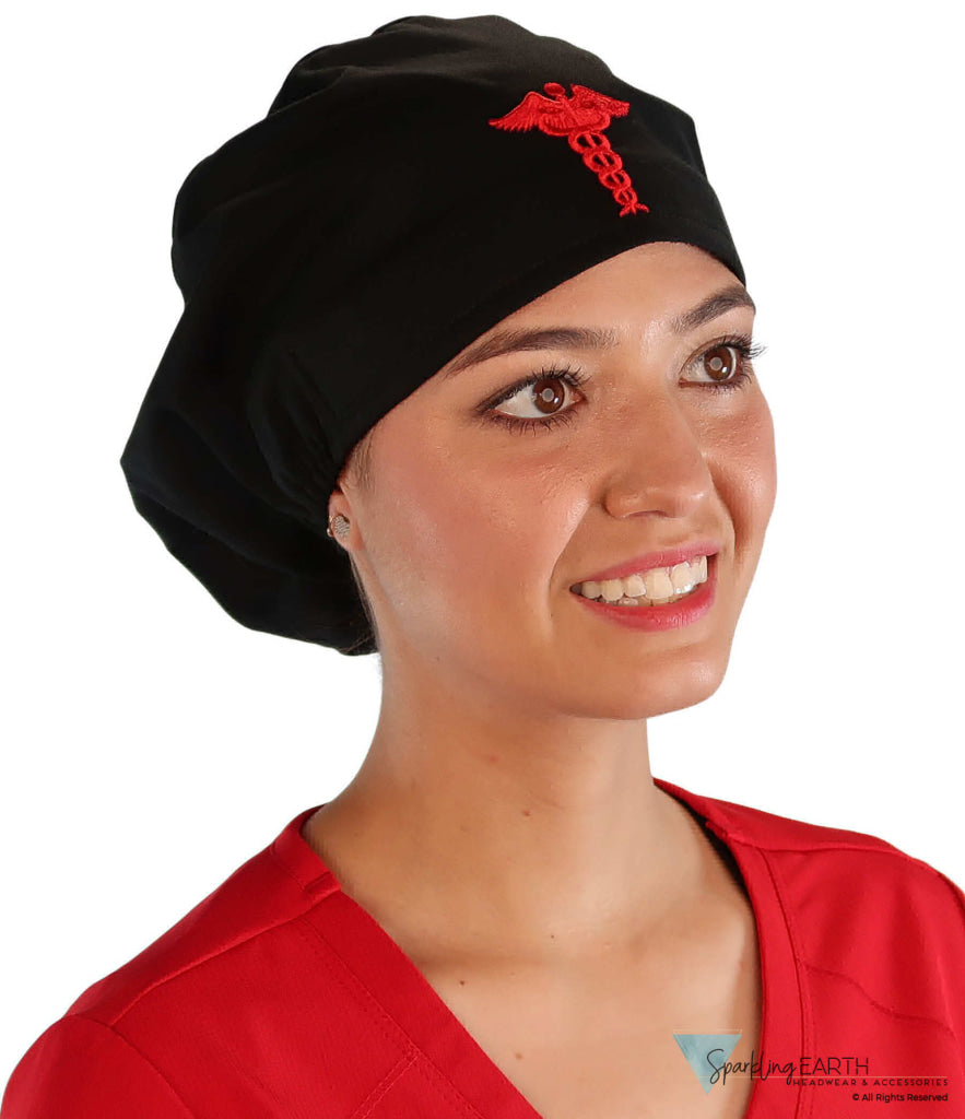 Embellished Riley Comfort Scrub Cap - Red Caduceus Patch On Black Caps