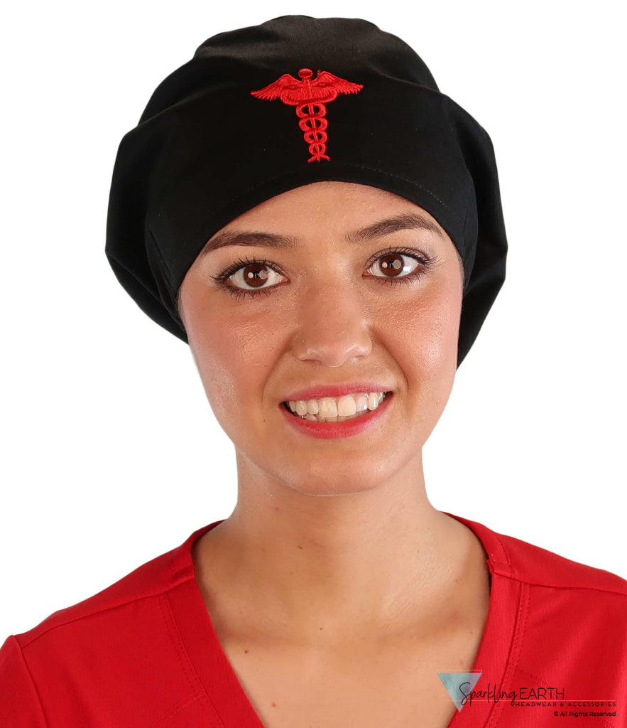 Embellished Riley Comfort Scrub Cap - Red Caduceus Patch On Black Caps