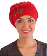 Embellished Riley Comfort Scrub Cap - Red With Three Monkeys Patch Caps