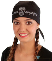 Embellished Classic Skull Cap - Black Skull Cap with Skull & Barbed Wire Rhinestud/Stone Design - Classic Skull Caps - Sparkling EARTH