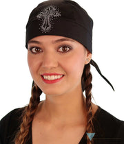 Embellished Classic Skull Cap - Black Skull Cap with Glitter Cross Rhinestud/Stone Design - Classic Skull Caps - Sparkling EARTH
