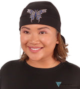 Embellished Skull Caps: Stylish and Unique Headwear - Large Blue & Silver Butterfly Rhinestud/Stone Design on Black