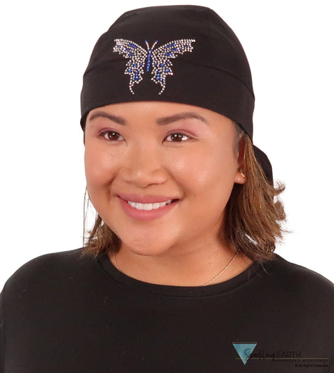 Embellished Skull Caps: Stylish and Unique Headwear - Large Blue & Silver Butterfly Rhinestud/Stone Design on Black