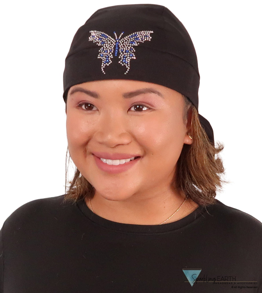 Embellished Skull Caps: Stylish and Unique Headwear - Large Blue & Silver Butterfly Rhinestud/Stone Design on Black