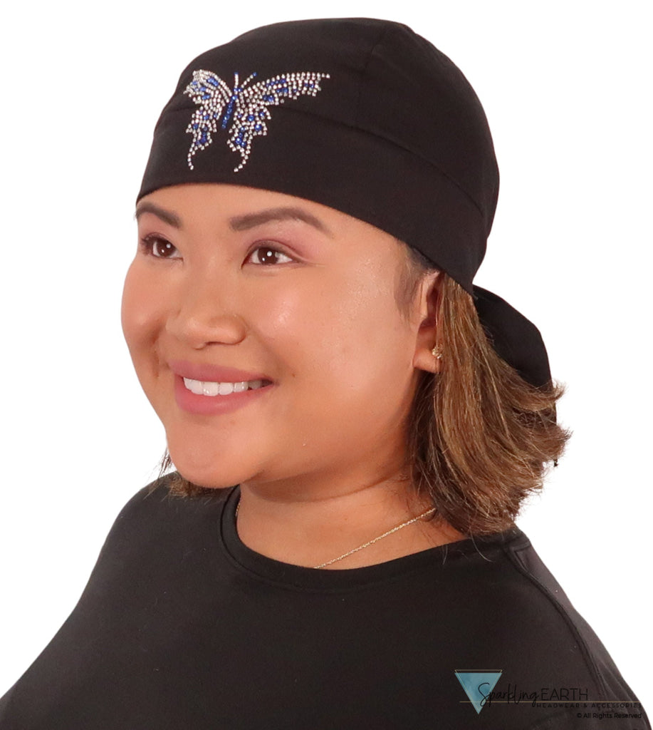 Embellished Skull Caps: Stylish and Unique Headwear - Large Blue & Silver Butterfly Rhinestud/Stone Design on Black