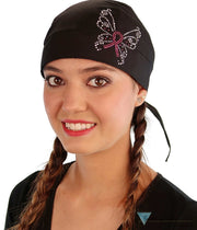 Embellished Classic Skull Cap - Black Skull Cap with Pink Ribbon Butterfly Rhinestud/Stone Design - Classic Skull Caps - Sparkling EARTH