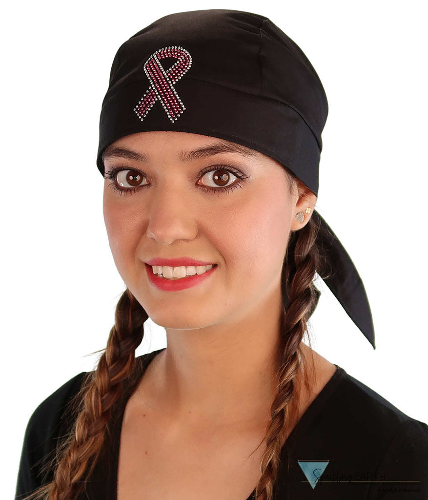 Embellished Skull Caps: Stylish and Unique Headwear - Black Skull Cap with Pink Ribbon Rhinestud/Stone Design