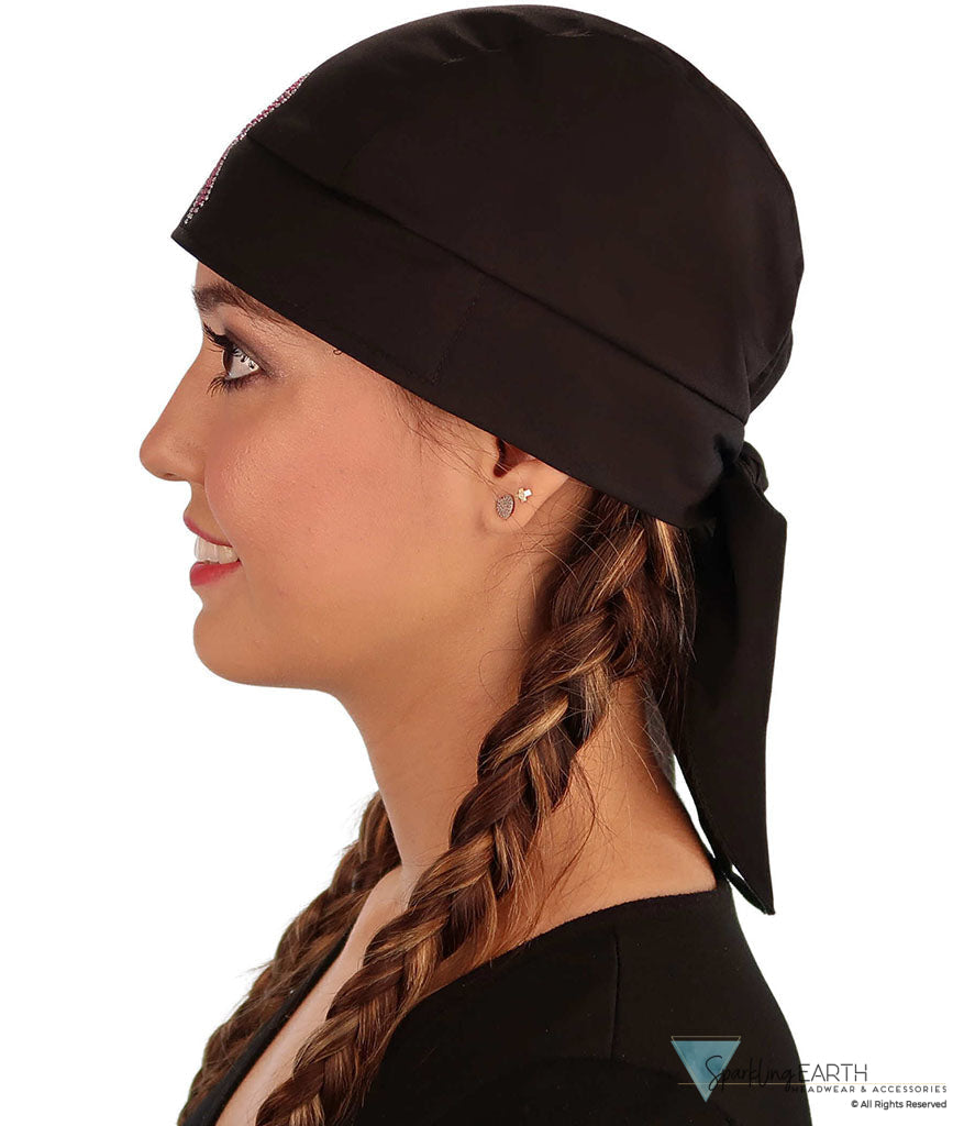 Embellished Skull Caps: Stylish and Unique Headwear - Black Skull Cap with Pink Ribbon Rhinestud/Stone Design