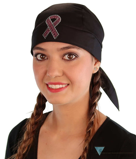 Embellished Classic Skull Cap - Black Skull Cap with Pink Ribbon Rhinestud/Stone Design - Classic Skull Caps - Sparkling EARTH
