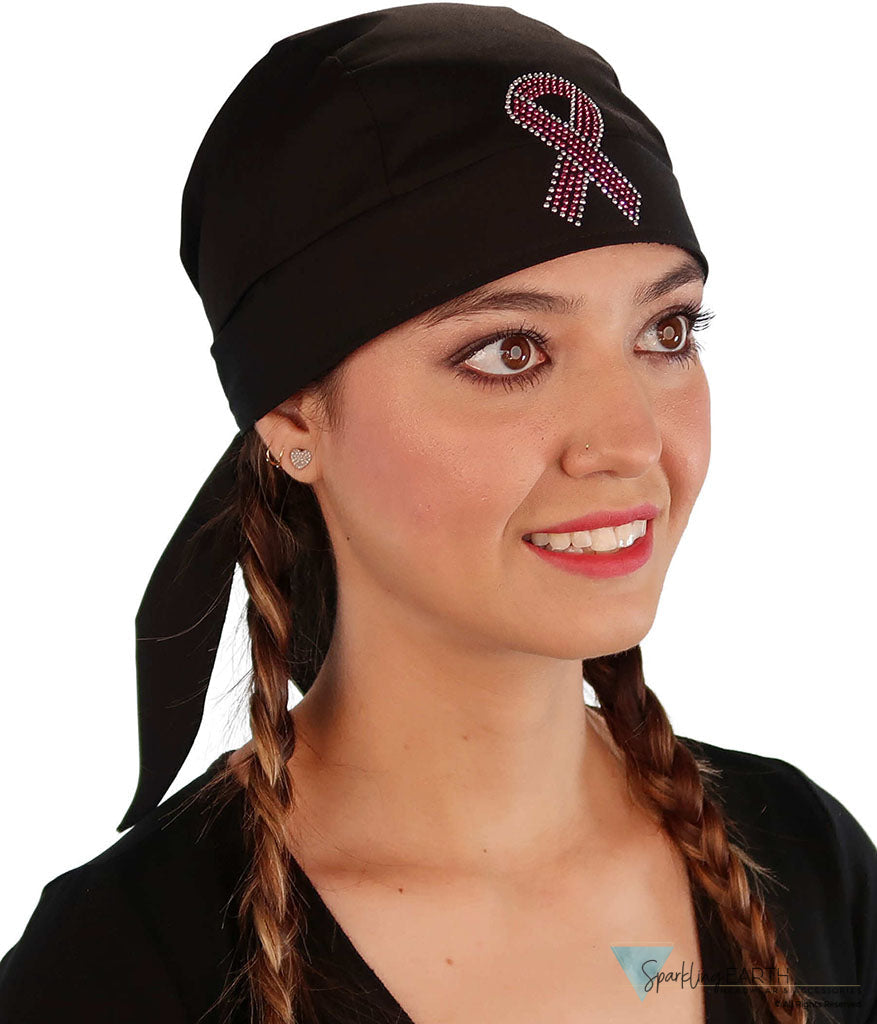 Embellished Skull Caps: Stylish and Unique Headwear - Black Skull Cap with Pink Ribbon Rhinestud/Stone Design