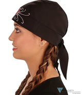 Embellished Classic Skull Cap - Black Skull Cap with Red Heart & Swirls Rhinestud Stone Design - Classic Skull Caps - Sparkling EARTH