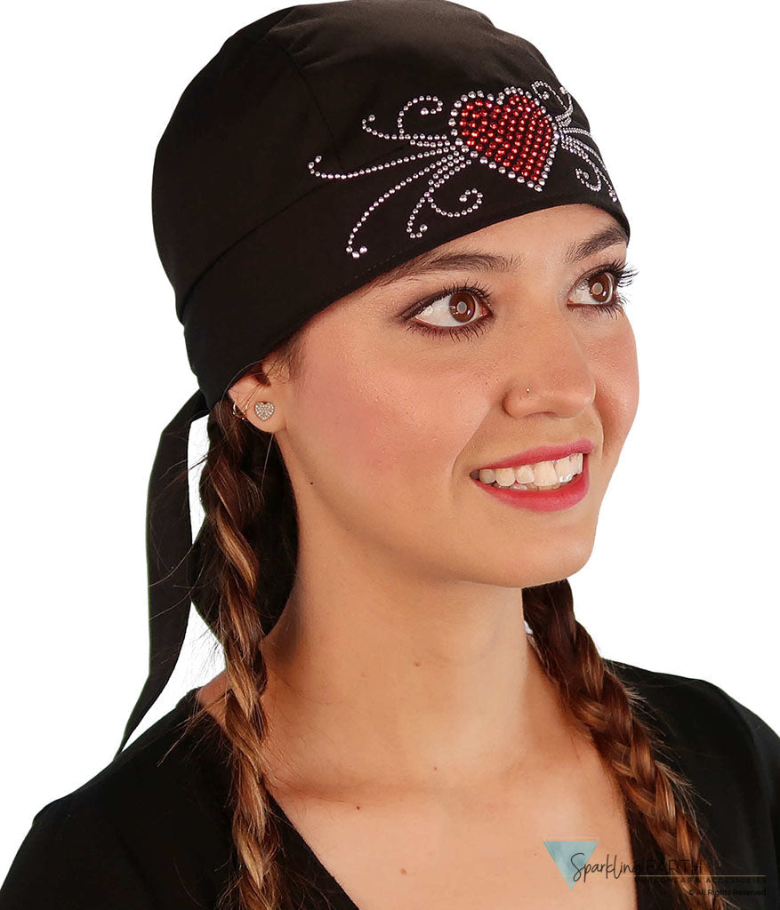 Embellished Skull Caps: Stylish and Unique Headwear - Black Skull Cap with Red Heart & Swirls Rhinestud Stone Design