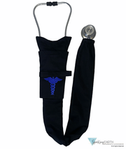 Embellished Stethoscope Covers - Black Cover With Blue Caduceus Patch