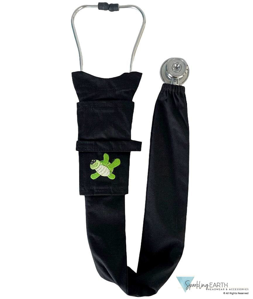 Embellished Stethoscope Covers - Black Cover With Happy Turtle Patch