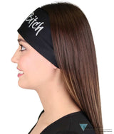 Embellished Stretch Headband - Black Silver Multi Colored Crazy Bitch Glitter Design - Stretch Headbands - Sparkling EARTH