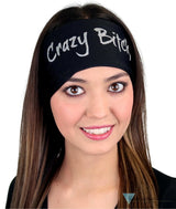 Embellished Stretch Headband - Black Silver Multi Colored Crazy Bitch Glitter Design - Stretch Headbands - Sparkling EARTH