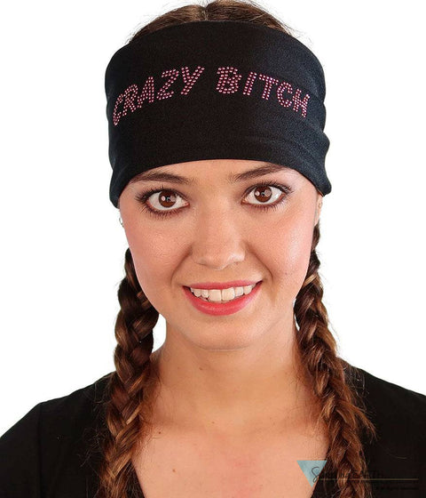 Embellished Stretch Headband - Black With Dark Pink Crazy Bitch Rhinestud Design Headbands