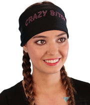 Embellished Stretch Headband - Black With Dark Pink Crazy Bitch Rhinestud Design Headbands