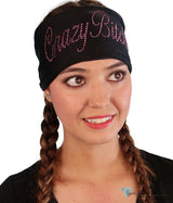 Embellished Stretch Headband - Black Headband with Dark Pink Fancy Crazy Bitch Rhinestud Design - Stretch Headbands - Sparkling EARTH