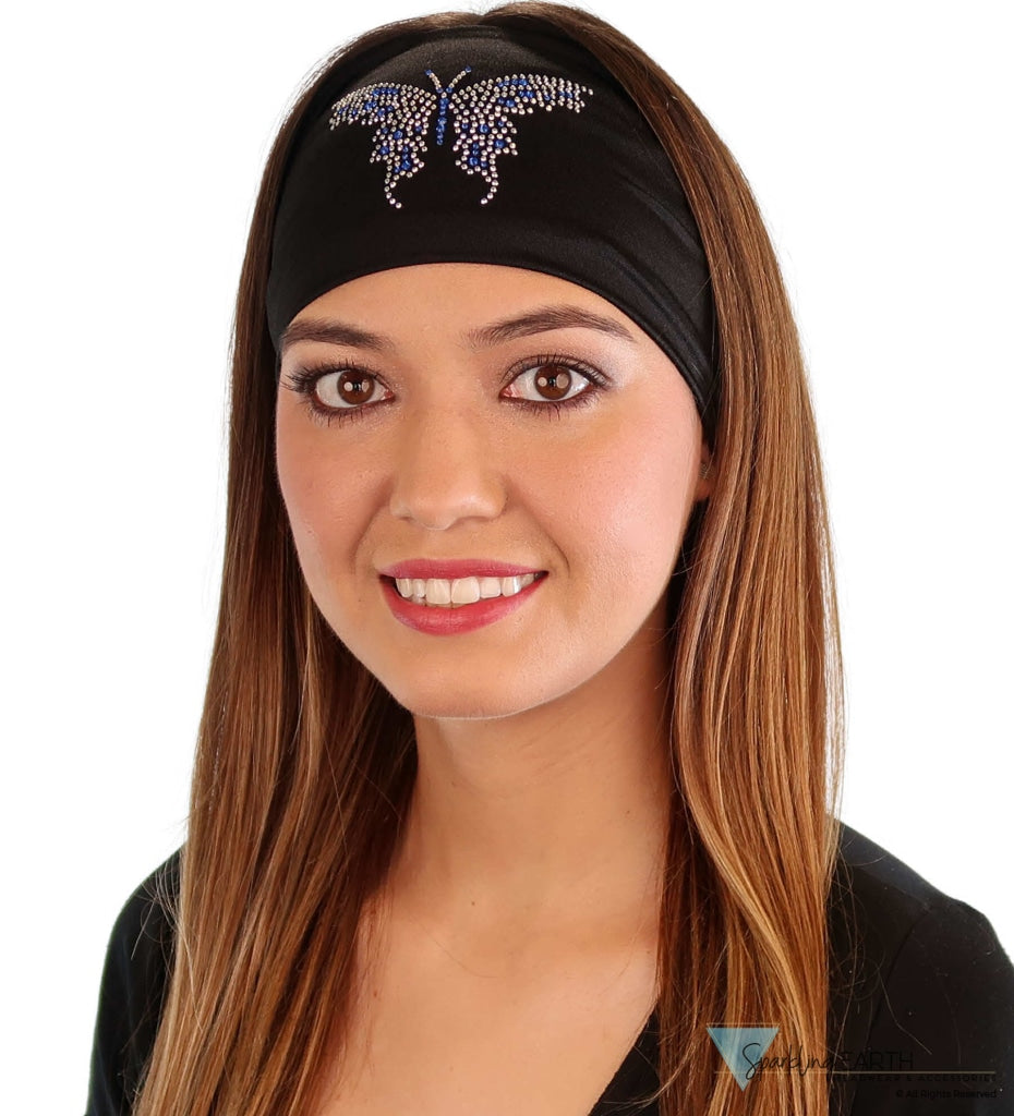 Embellished Stretch Headband - Black Headband with Large Blue & Silver Butterfly Rhinestud Design - Stretch Headbands - Sparkling EARTH