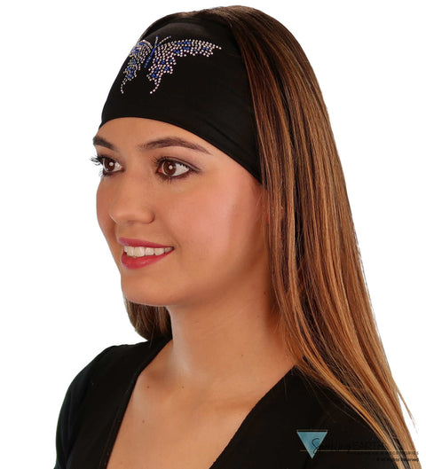 Embellished Stretch Headband - Black Headband with Large Blue & Silver Butterfly Rhinestud Design - Stretch Headbands - Sparkling EARTH