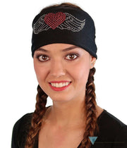 Embellished Stretch Headband - Black With Large Heart & Wings Rhinestud Design Headbands
