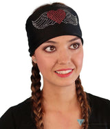 Embellished Stretch Headband - Black With Large Heart & Wings Rhinestud Design Headbands