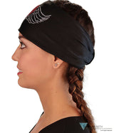 Embellished Stretch Headband - Black With Large Heart & Wings Rhinestud Design Headbands