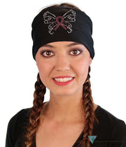 Embellished Stretch Headband - Black Headband with Pink Ribbon Butterfly Rhinestud/Stone Design - Stretch Headbands - Sparkling EARTH