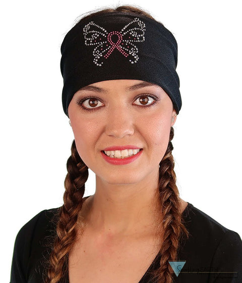 Embellished Stretch Headband - Black Headband with Pink Ribbon Butterfly Rhinestud/Stone Design - Stretch Headbands - Sparkling EARTH