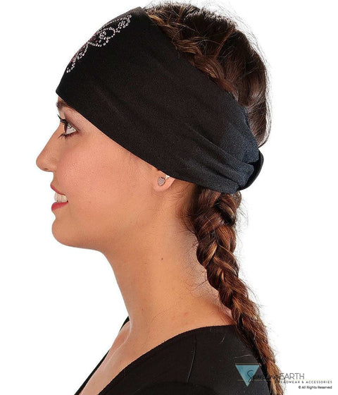 Embellished Stretch Headband - Black With Pink Ribbon Butterfly Rhinestud/Stone Design Headbands