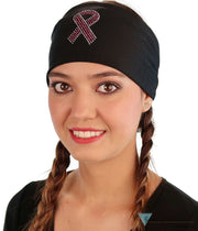 Embellished Stretch Headband - Black With Pink Ribbon Rhinestud Design Headbands