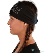 Embellished Stretch Headband - Black Headband with Silver Fancy Crazy Bitch Rhinestud Design - Stretch Headbands - Sparkling EARTH