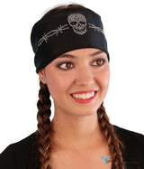 Embellished Stretch Headband - Black With Skull Barbed Wire Rhinestud/Stone Design Headbands