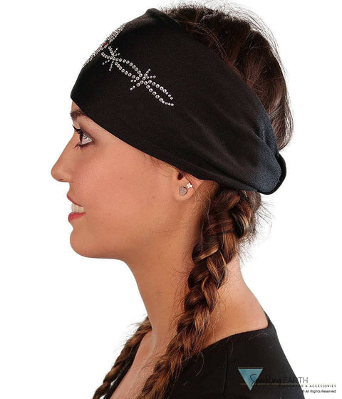 Embellished Stretch Headband - Black With Skull Barbed Wire Rhinestud/Stone Design Headbands