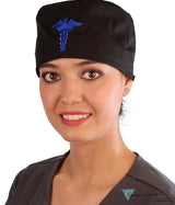 Embellished Surgical Scrub Cap - Black With Blue Caduceus Patch Caps
