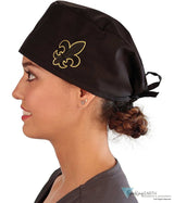 Embellished Surgical Scrub Cap - Black With Fleur De Lis Patch Caps
