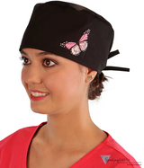 Embellished Surgical Scrub Cap - Black Cap with Pink Butterfly Patch Surgical Scrub Caps