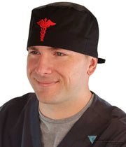 Embellished Surgical Scrub Cap - Black With Red Caduceus Patch Caps