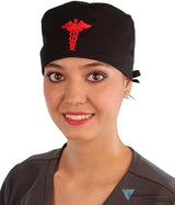 Embellished Surgical Scrub Cap - Black With Red Caduceus Patch Caps
