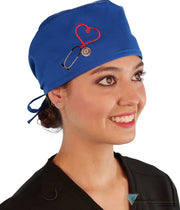 Embellished Surgical Scrub Cap - Royal Blue With Heart Stethoscope Patch Caps