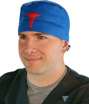 Embellished Surgical Scrub Cap - Royal Blue With Red Caduceus Patch Caps