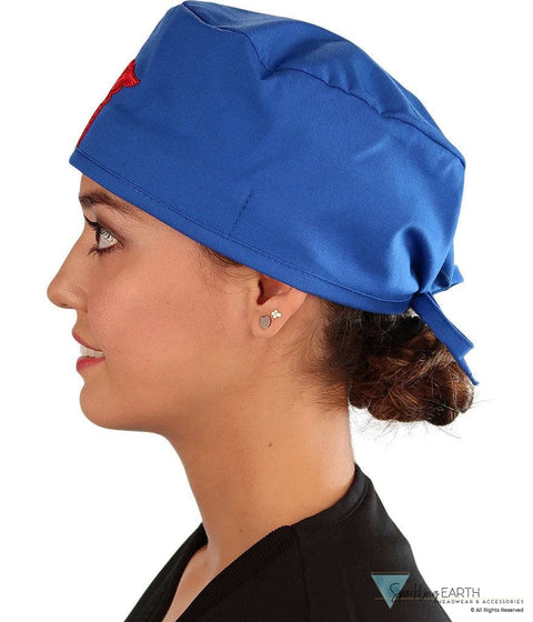 Embellished Surgical Scrub Cap - Royal Blue With Red Caduceus Patch Caps