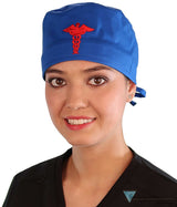 Embellished Surgical Scrub Cap - Royal Blue With Red Caduceus Patch Caps