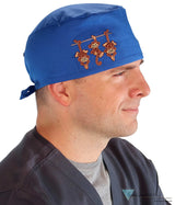 Embellished Surgical Scrub Cap - Royal Blue With Three Monkeys Patch Caps