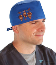 Embellished Surgical Scrub Cap - Royal Blue With Three Monkeys Patch Caps